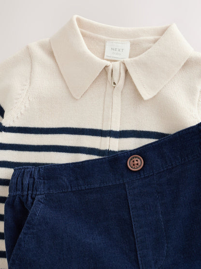 Blue/Cream Stripe Baby Collared Knitted Top and Trousers Set (0mths-2yrs) - image 8