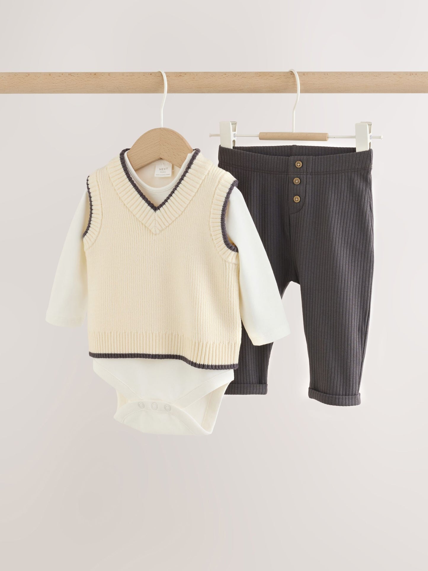Charcoal Grey/Cream Baby Knit Vest, Bodysuit and Trousers Set (0mths-3yrs) image 1
