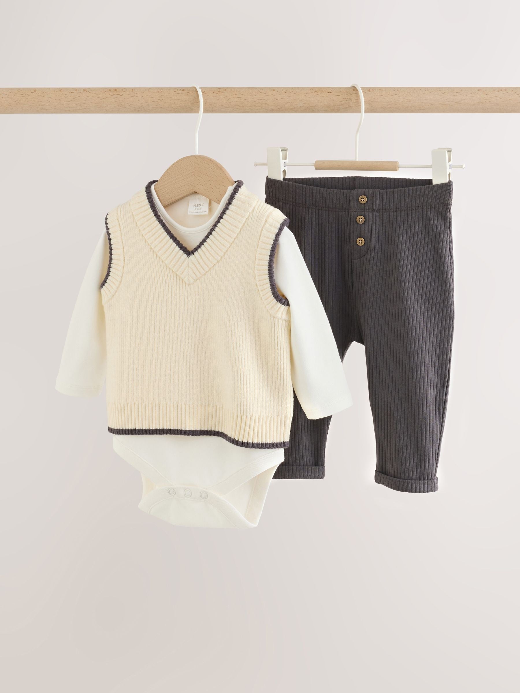 Charcoal Grey/Cream Baby Knit Vest, Bodysuit and Trousers Set (0mths-3yrs) image 1