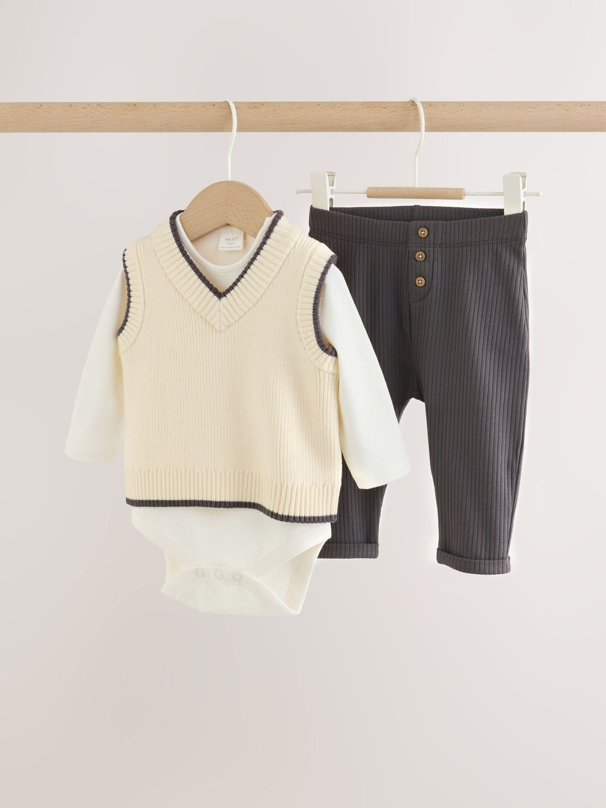 Charcoal Grey/Cream Baby Knit Vest, Bodysuit and Trousers Set (0mths-3yrs) image 1