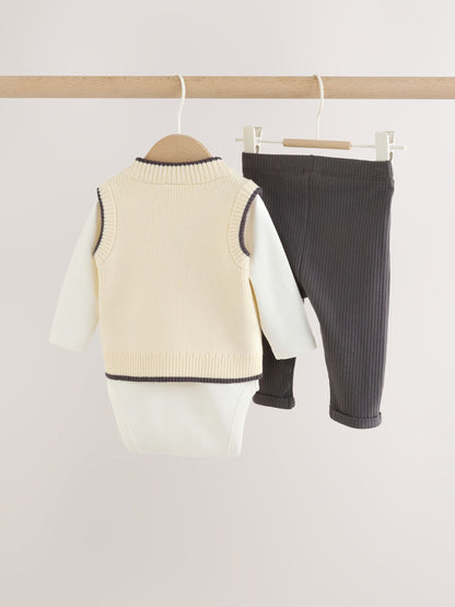 Charcoal Grey/Cream Baby Knit Vest, Bodysuit and Trousers Set (0mths-3yrs) image 2