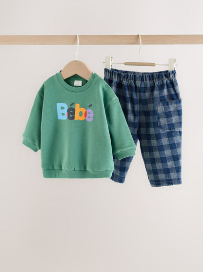 Dsiney Kidz - Green Slogan Sweat Top and Trousers Baby Set (0mths-2yrs) image 1