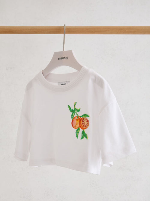 Reiss White Bertie 9-13 yrs Cotton Embroidered Cropped T-Shirt image 1