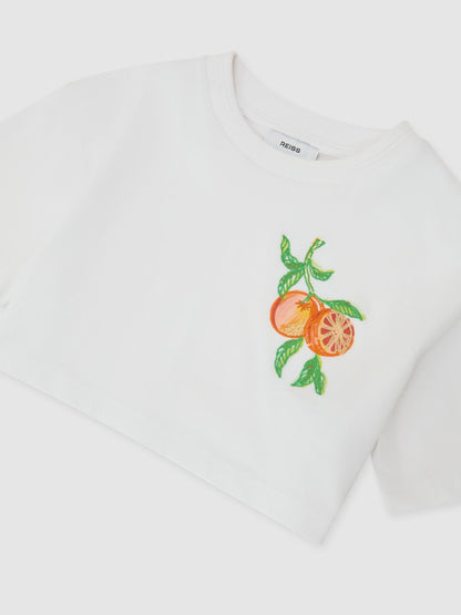 Reiss White Bertie 9-13 yrs Cotton Embroidered Cropped T-Shirt image 3