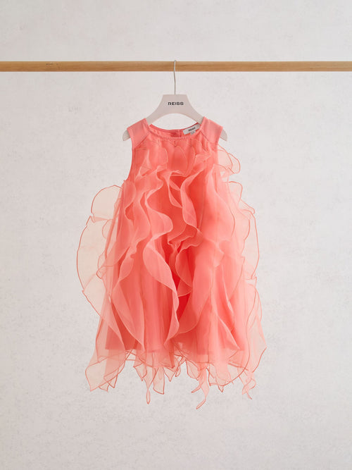 Reiss Coral Pink Ellenora 9-13 yrs Ruffle-Detail Organza Dress image 1