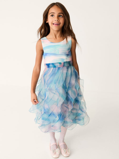 Monsoon Blue Marble Print Ruffle Party Dress image 1