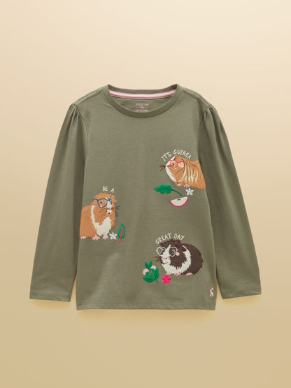 Dsiney Kidz - Joules Girls' Ava Khaki Green Applique Long Sleeve Top image 1