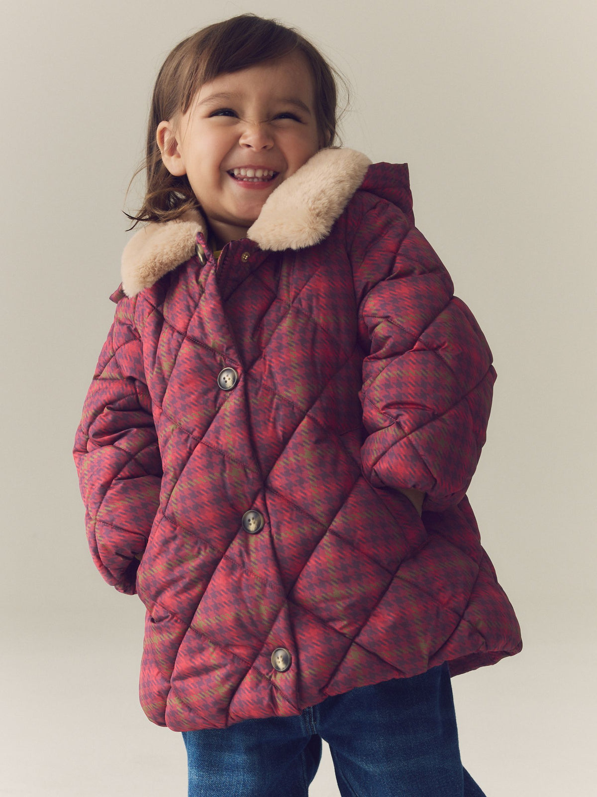Dsiney Kidz - Burgundy Red Check Faux Fur Collar Shower Resistant Padded Duffle Coat (3mths-7yrs) image 1