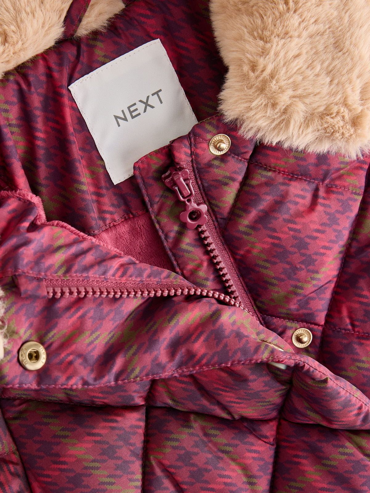 Dsiney Kidz - Burgundy Red Check Faux Fur Collar Shower Resistant Padded Duffle Coat (3mths-7yrs) image 10
