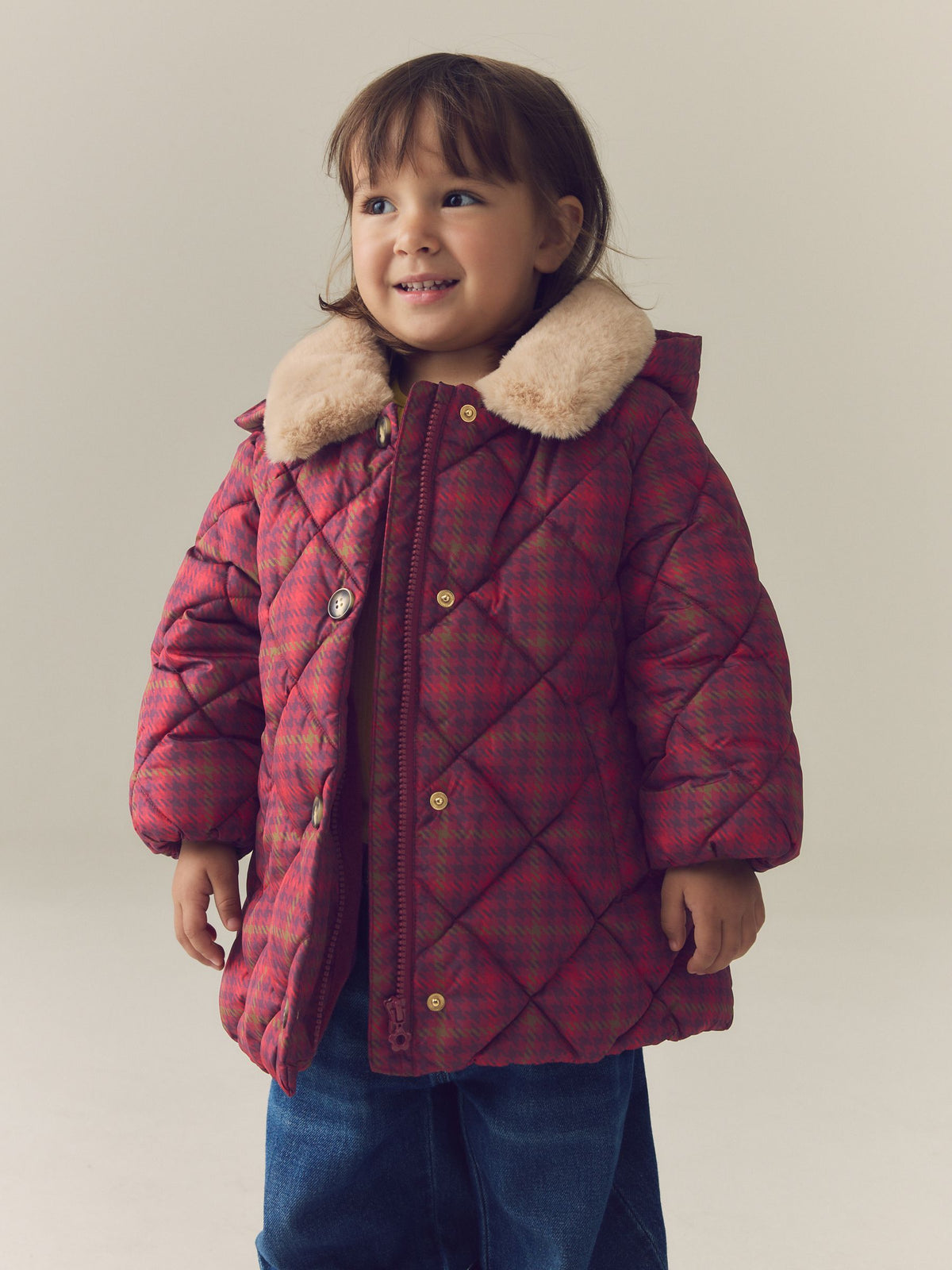 Dsiney Kidz - Burgundy Red Check Faux Fur Collar Shower Resistant Padded Duffle Coat (3mths-7yrs) image 2