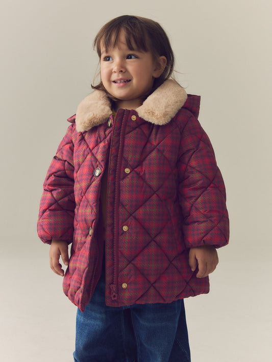 Dsiney Kidz - Burgundy Red Check Faux Fur Collar Shower Resistant Padded Duffle Coat (3mths-7yrs) image 2
