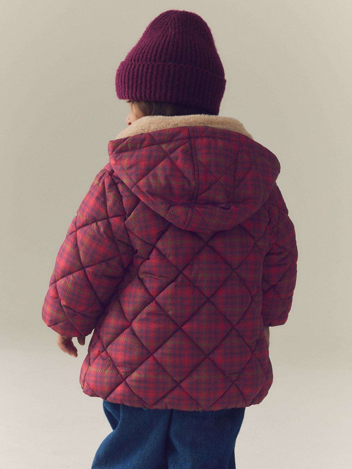 Dsiney Kidz - Burgundy Red Check Faux Fur Collar Shower Resistant Padded Duffle Coat (3mths-7yrs) image 3