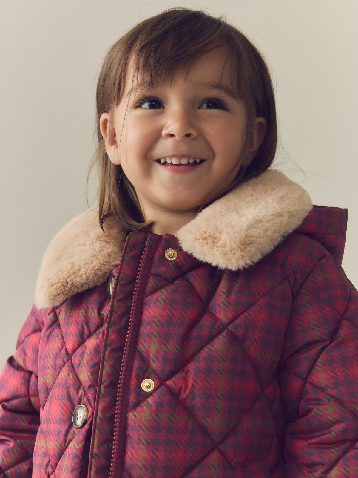 Dsiney Kidz - Burgundy Red Check Faux Fur Collar Shower Resistant Padded Duffle Coat (3mths-7yrs) image 4