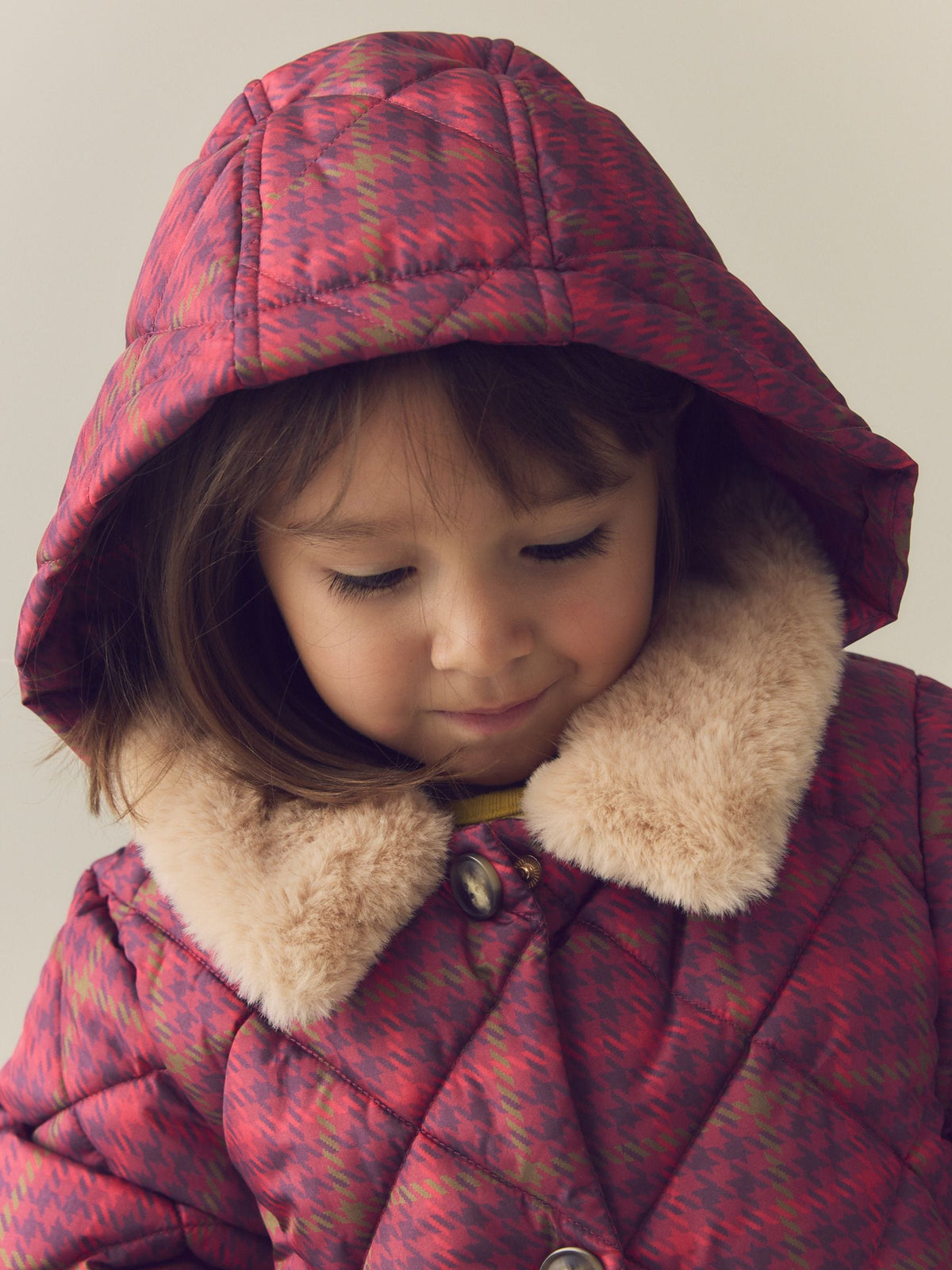 Dsiney Kidz - Burgundy Red Check Faux Fur Collar Shower Resistant Padded Duffle Coat (3mths-7yrs) image 5