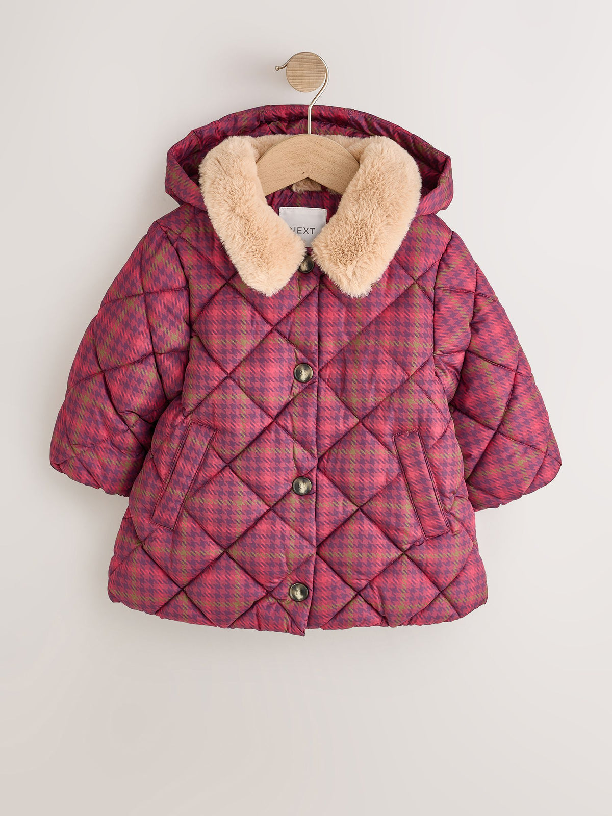 Dsiney Kidz - Burgundy Red Check Faux Fur Collar Shower Resistant Padded Duffle Coat (3mths-7yrs) image 7