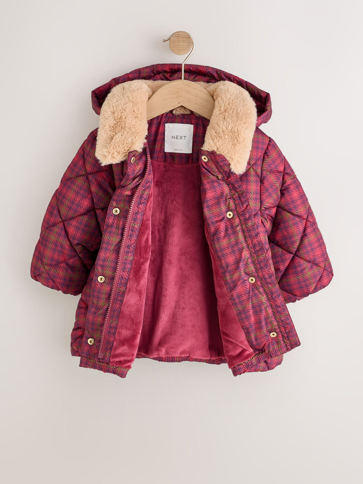 Dsiney Kidz - Burgundy Red Check Faux Fur Collar Shower Resistant Padded Duffle Coat (3mths-7yrs) image 8