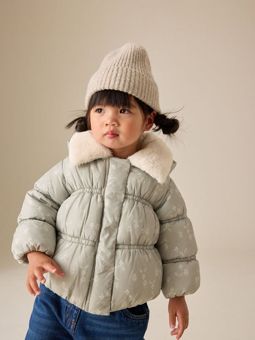 Dsiney Kidz - Sage Green Floral Shower Resistant Faux Fur Collar Padded Coat (3mths-7yrs) image 1