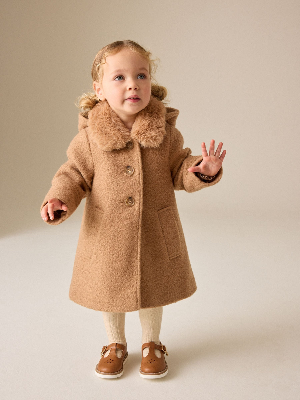 Dsiney Kidz - Camel Brown Faux Fur Collar Hooded Coat (3mths-7yrs) image 1