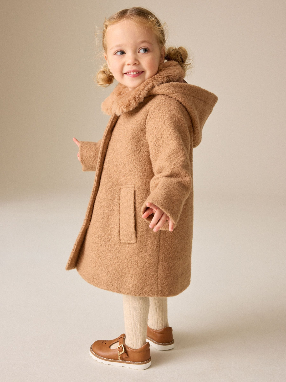 Dsiney Kidz - Camel Brown Faux Fur Collar Hooded Coat (3mths-7yrs) image 2