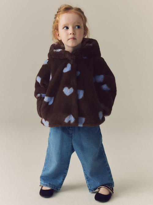 Dsiney Kidz - Chocolate Brown Hearts Faux Fur Hooded Coat (12mths-7yrs) image 1