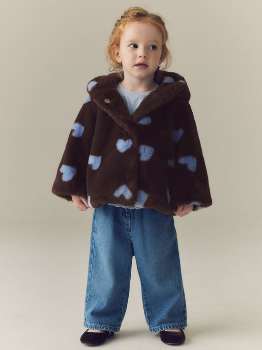 Dsiney Kidz - Chocolate Brown Hearts Faux Fur Hooded Coat (12mths-7yrs) image 2