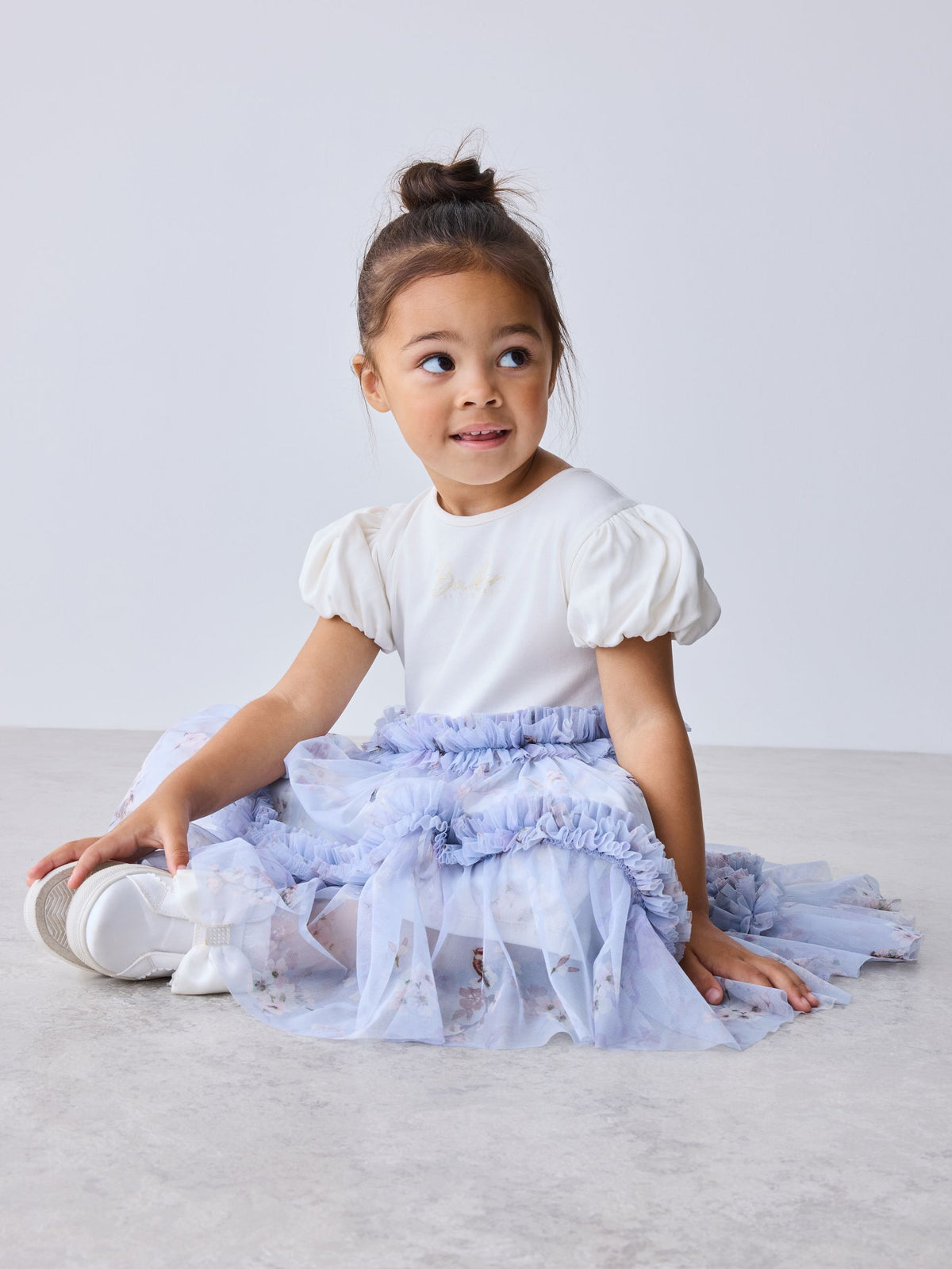 Dsiney Kidz - Baker by Ted Baker Pale Blue Floral Ruffle Mesh Tiered Mockable Dress image 3