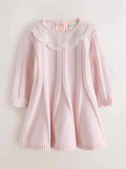 Dsiney Kidz - Baker by Ted Baker Pale Pink Organza Collar Knitted Dress with Tights image 2