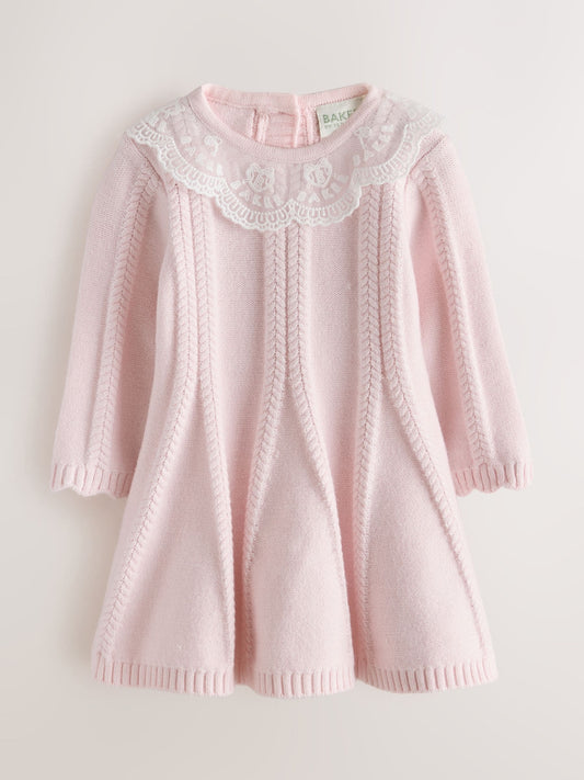 Dsiney Kidz - Baker by Ted Baker Pale Pink Organza Collar Knitted Dress with Tights image 2