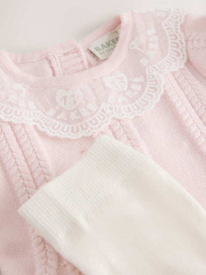 Dsiney Kidz - Baker by Ted Baker Pale Pink Organza Collar Knitted Dress with Tights image 5