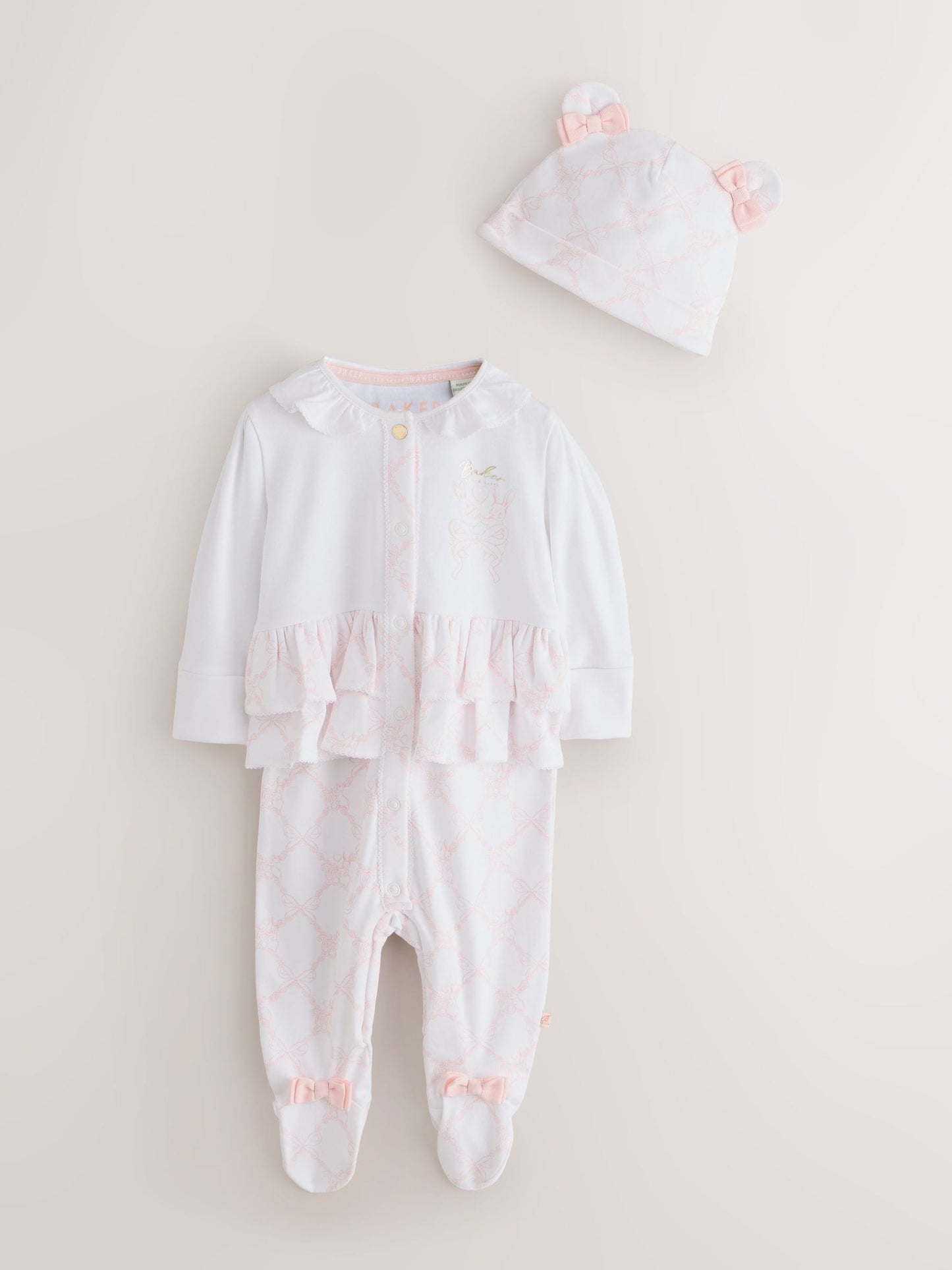 Dsiney Kidz - Baker by Ted Baker White/Pink Peplum Frill Sleepsuit & Hat Set image 1