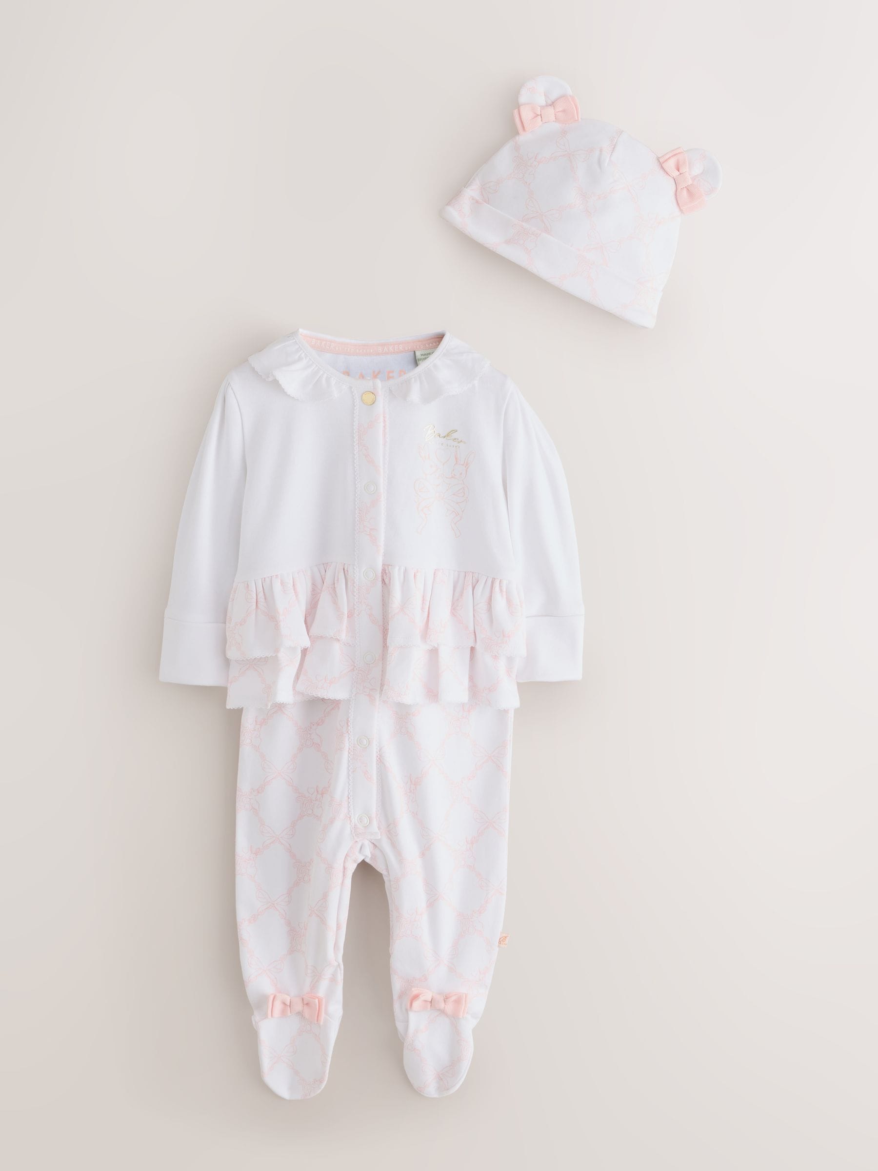Dsiney Kidz - Baker by Ted Baker White/Pink Peplum Frill Sleepsuit & Hat Set image 1
