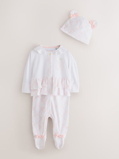 Dsiney Kidz - Baker by Ted Baker White/Pink Peplum Frill Sleepsuit & Hat Set image 1