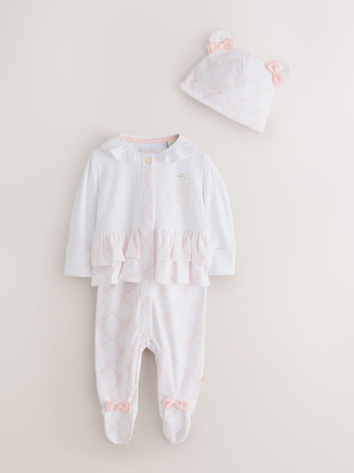 Dsiney Kidz - Baker by Ted Baker White/Pink Peplum Frill Sleepsuit & Hat Set image 1