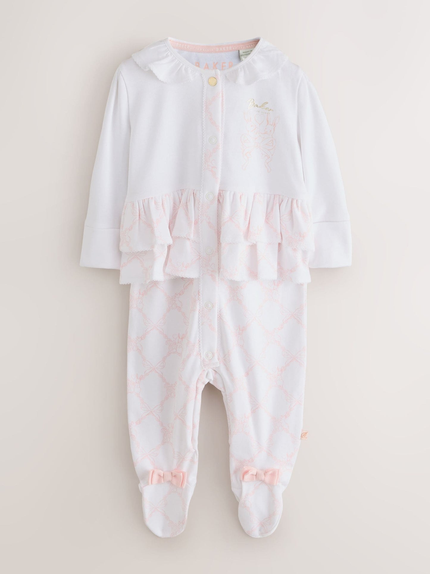 Dsiney Kidz - Baker by Ted Baker White/Pink Peplum Frill Sleepsuit & Hat Set image 2
