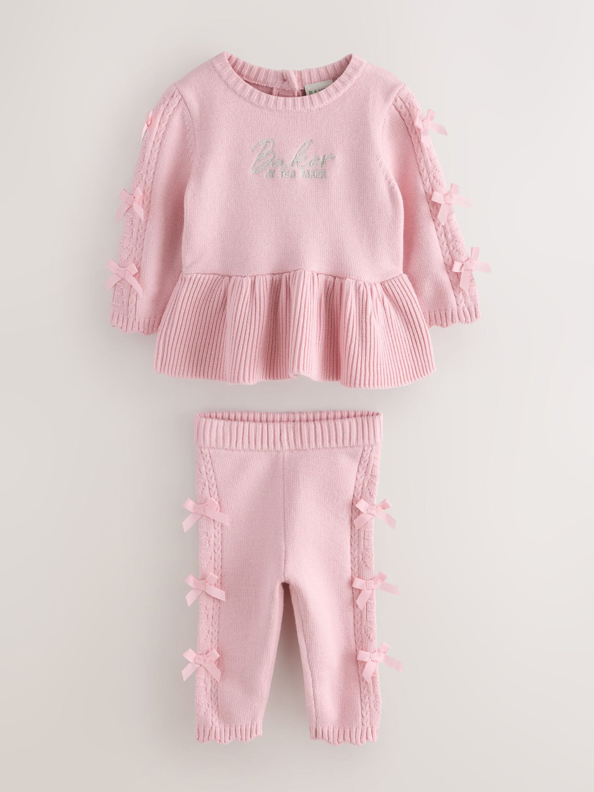 Baker by Ted Baker Pale Pink Knitted Bow Peplum Top & Leggings Set 2 Piece - image 1