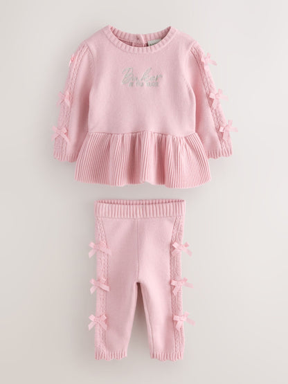 Baker by Ted Baker Pale Pink Knitted Bow Peplum Top & Leggings Set 2 Piece - image 1