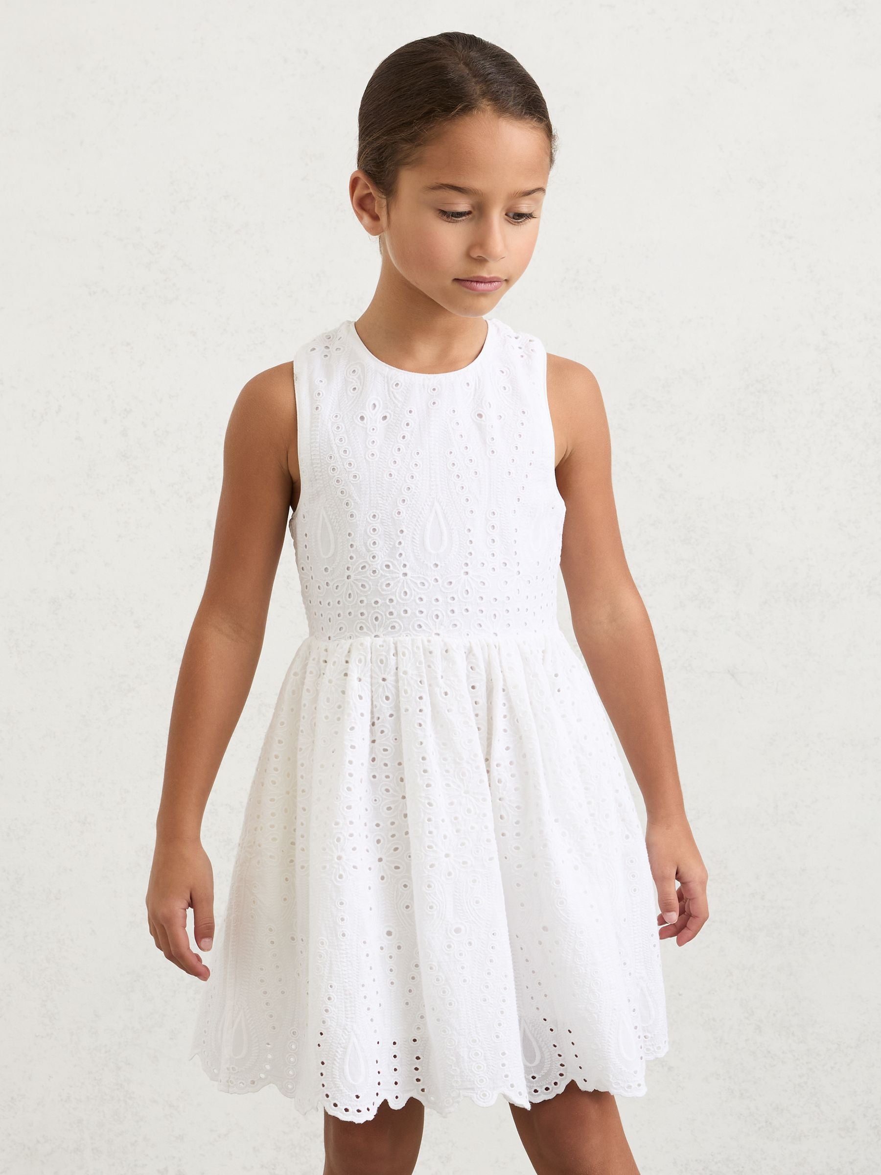 Reiss White Malia 9-13 yrs Cotton Broderie Cross-Back Dress image 1