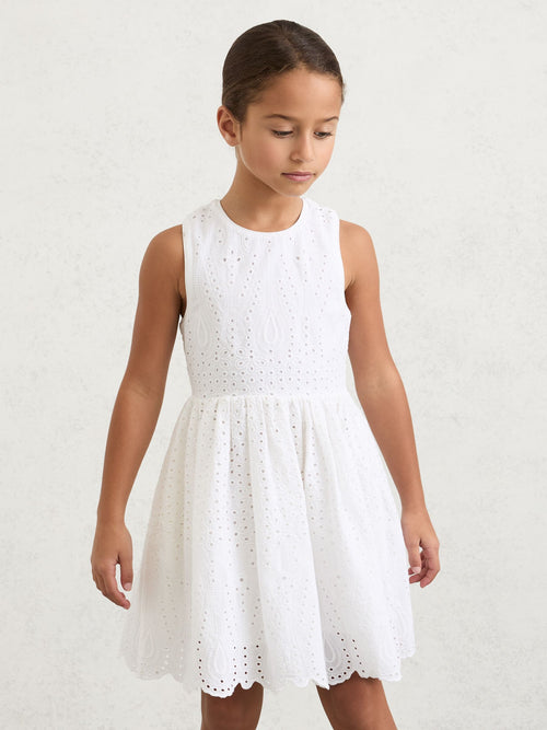 Reiss White Malia 9-13 yrs Cotton Broderie Cross-Back Dress image 1