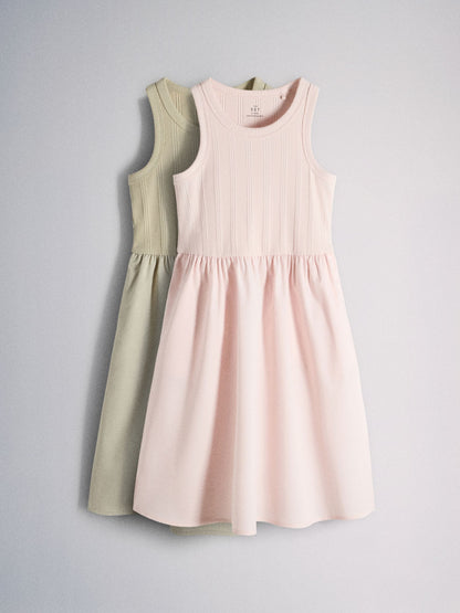 The Set 2 Pack Jersey Woven Mix Dresses Pink/Green image 2