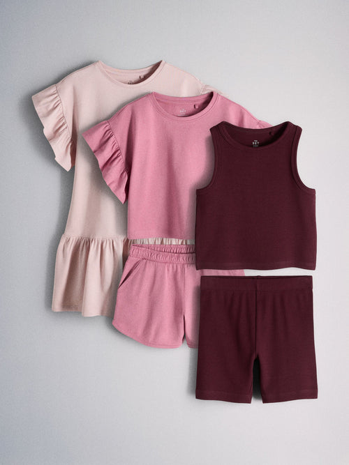 Dsiney Kidz - The Set 5 Piece Cotton Short Sleeve Frill Dress, Short Sleeve Frill T-Shirt, Jersey Short, Rib Vest and Short Set Light Pink/Pink/Purple image 1