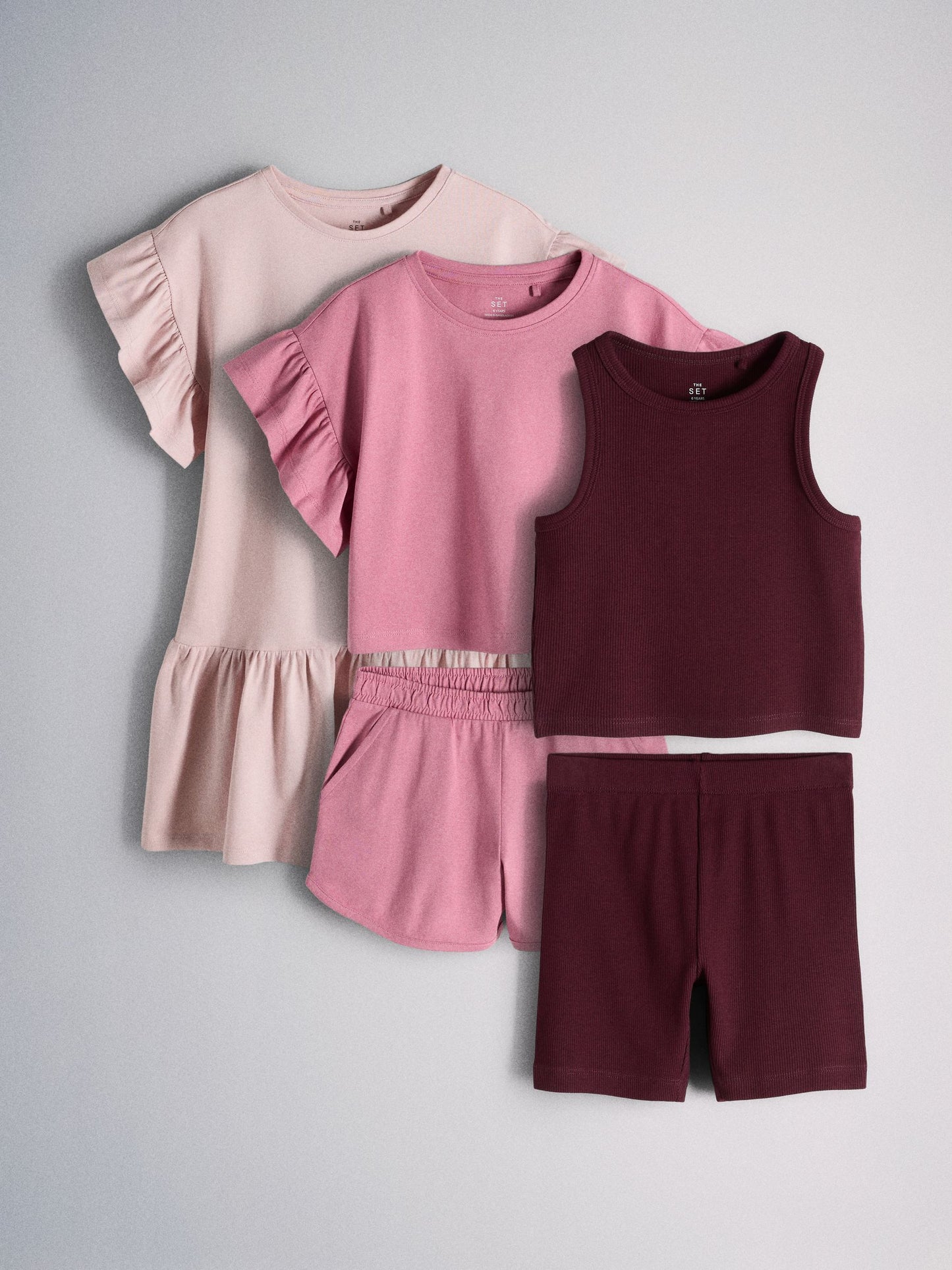 Dsiney Kidz - The Set 5 Piece Cotton Short Sleeve Frill Dress, Short Sleeve Frill T-Shirt, Jersey Short, Rib Vest and Short Set Light Pink/Pink/Purple image 1