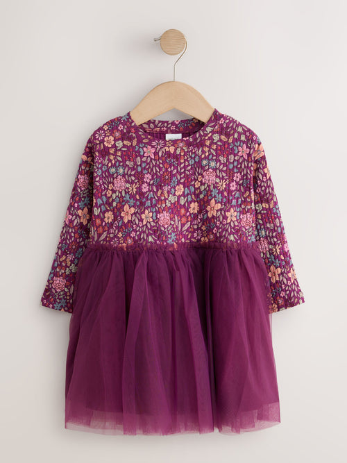 Dsiney Kidz - Burgandy Floral Long Sleeve Ribbed Mesh Party Dress (3mths-7yrs) image 1