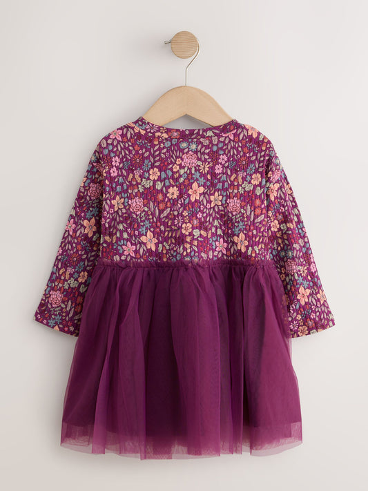 Dsiney Kidz - Burgandy Floral Long Sleeve Ribbed Mesh Party Dress (3mths-7yrs) image 2