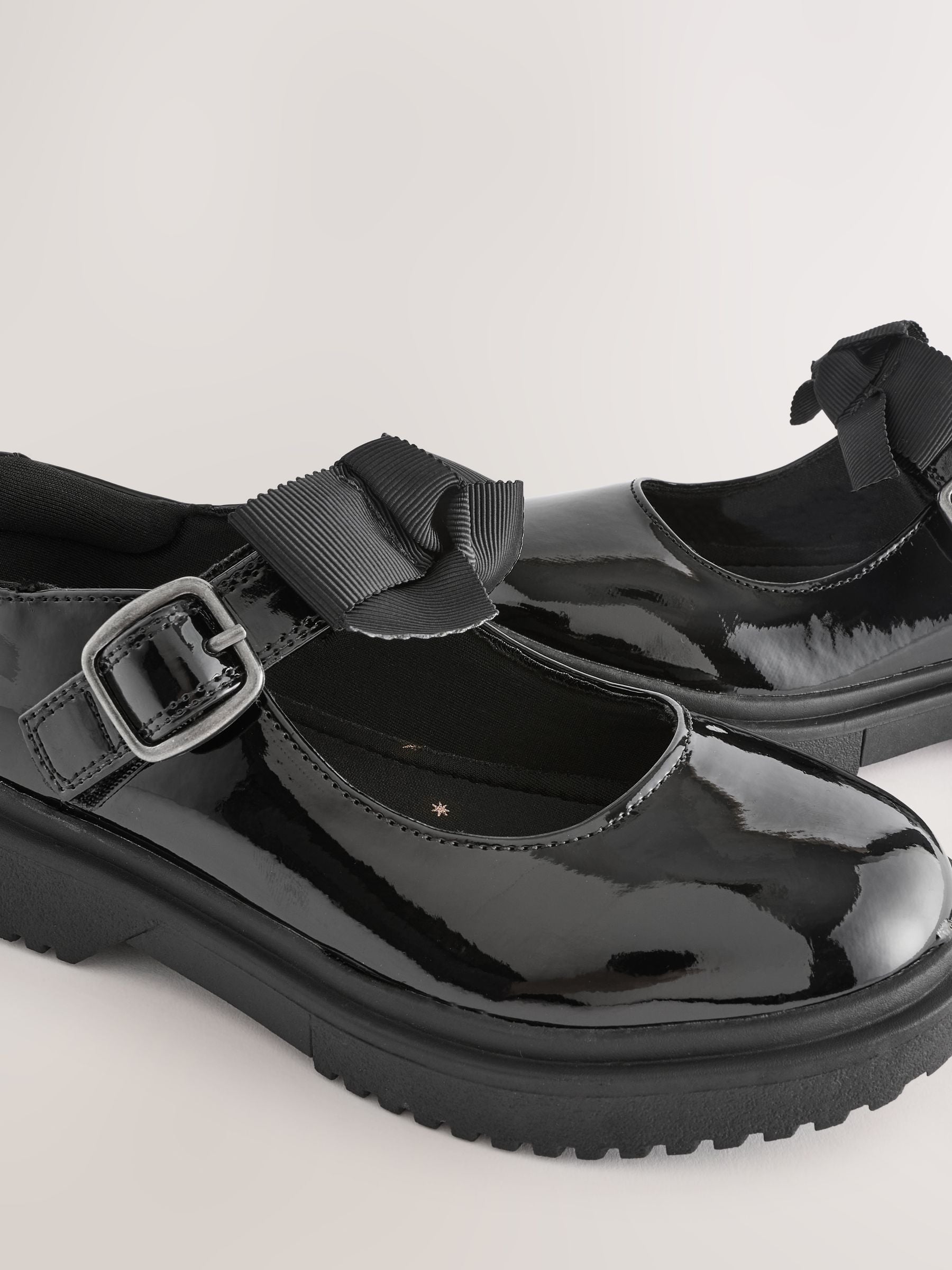 Black Patent Narrow Fit (E) Bow Chunky Mary Jane School Shoes image 3