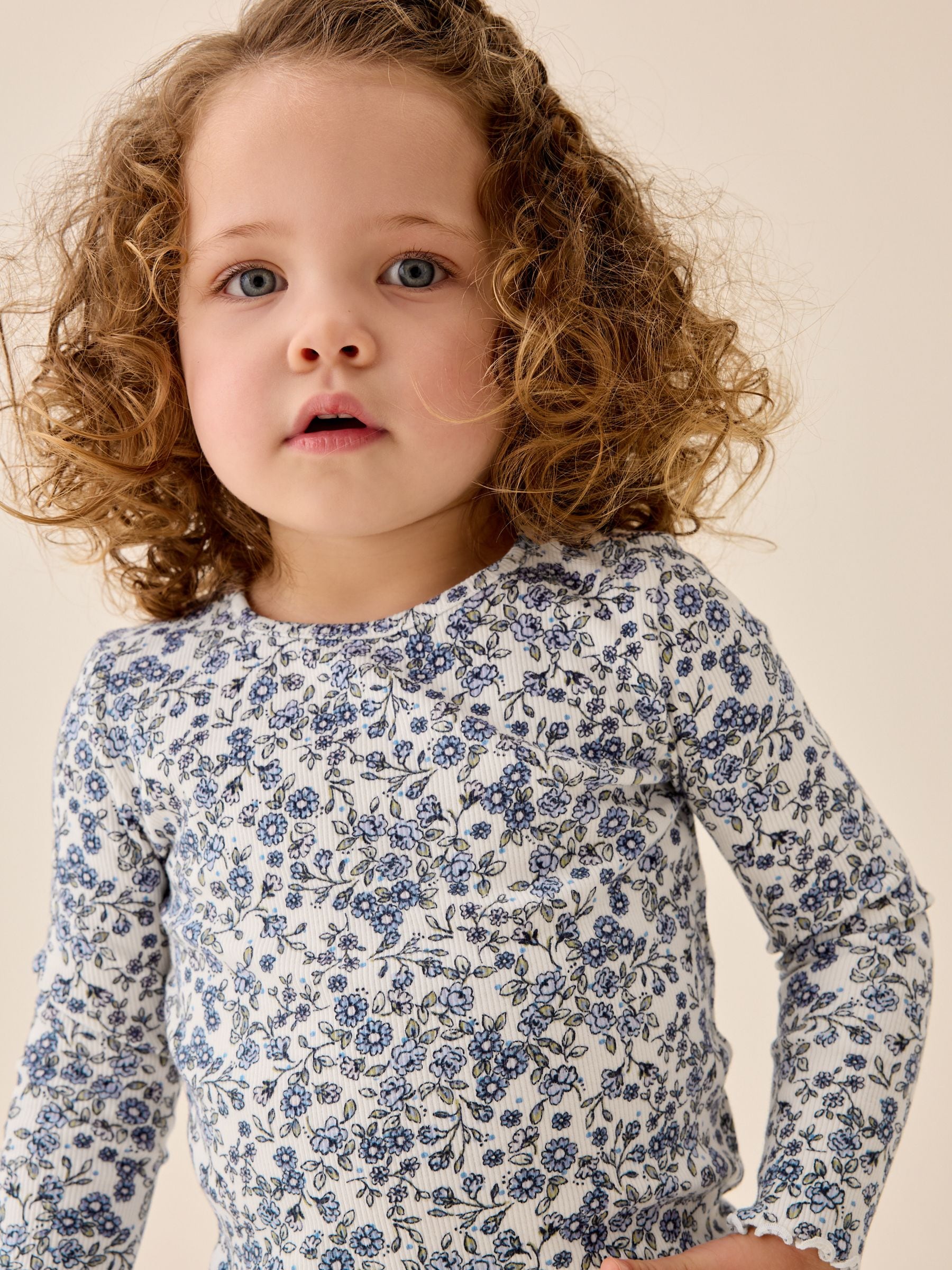 Dsiney Kidz - Ecru Blue Ditsy Floral Rib Long Sleeve T-Shirt (3mths-7yrs) image 1