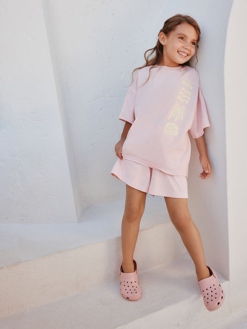 Dsiney Kidz - Pink/Yellow Palm Heavyweight T-Shirt and Shorts Set (3-16yrs) image 1