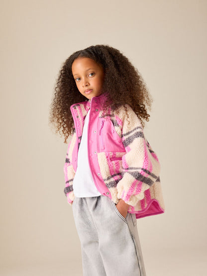 Dsiney Kidz - Ecru/Pink Check Button Up Borg Jacket (3-16yrs) image 1