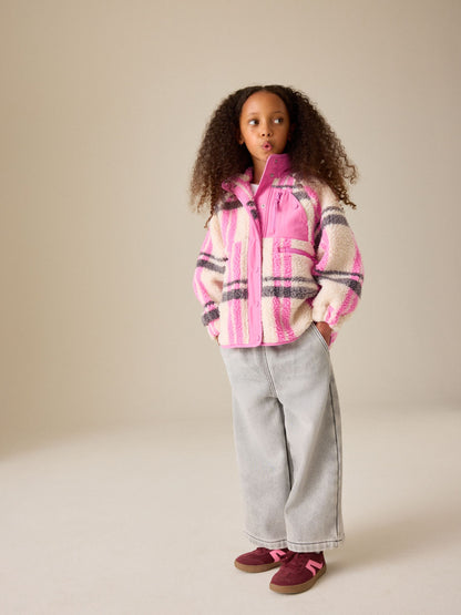 Dsiney Kidz - Ecru/Pink Check Button Up Borg Jacket (3-16yrs) image 2