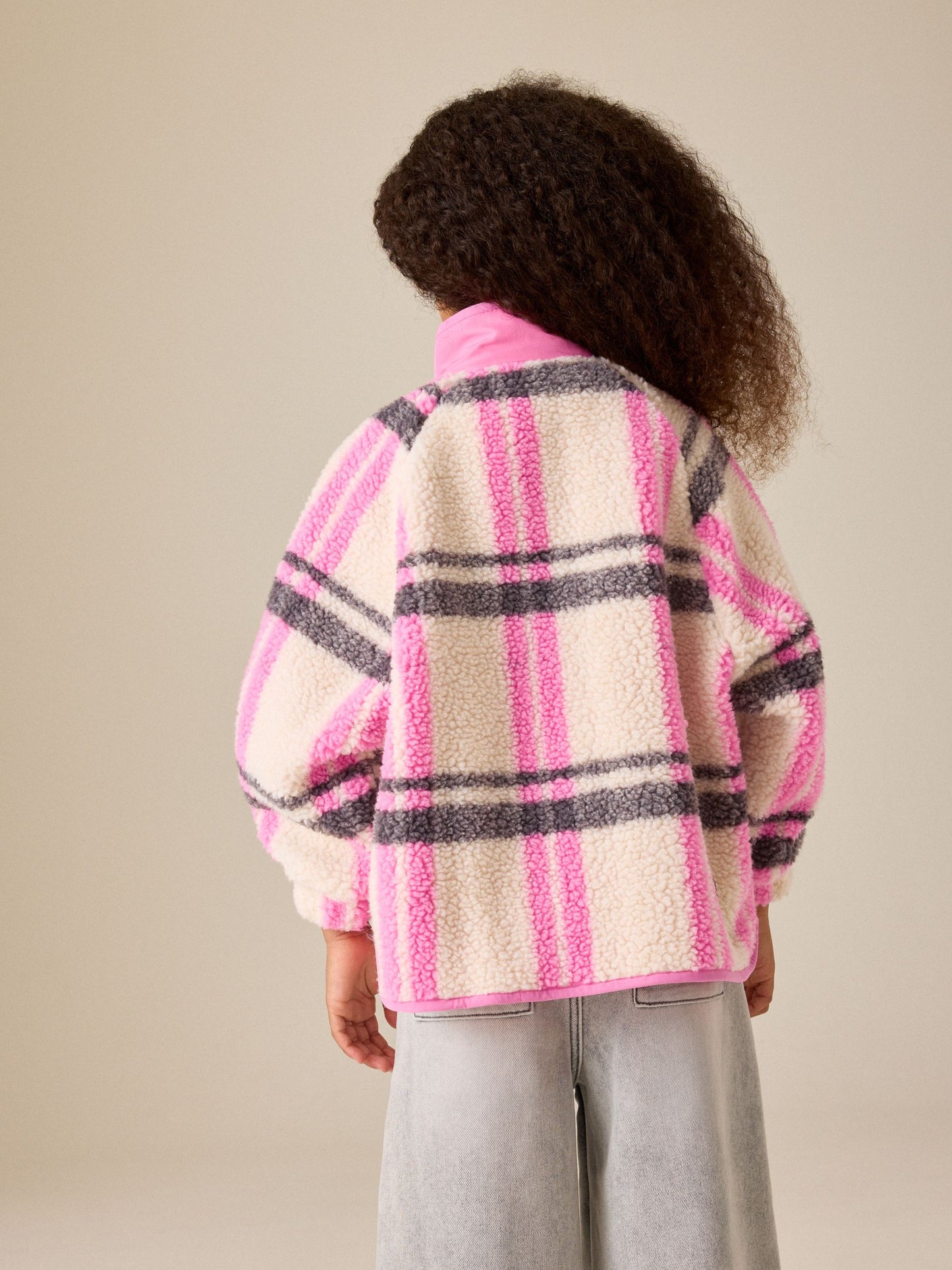 Dsiney Kidz - Ecru/Pink Check Button Up Borg Jacket (3-16yrs) image 3