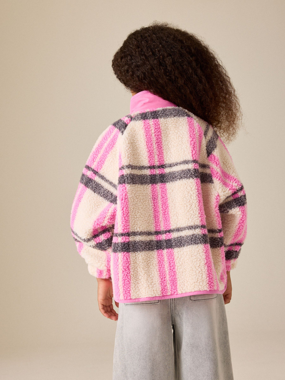 Dsiney Kidz - Ecru/Pink Check Button Up Borg Jacket (3-16yrs) image 3